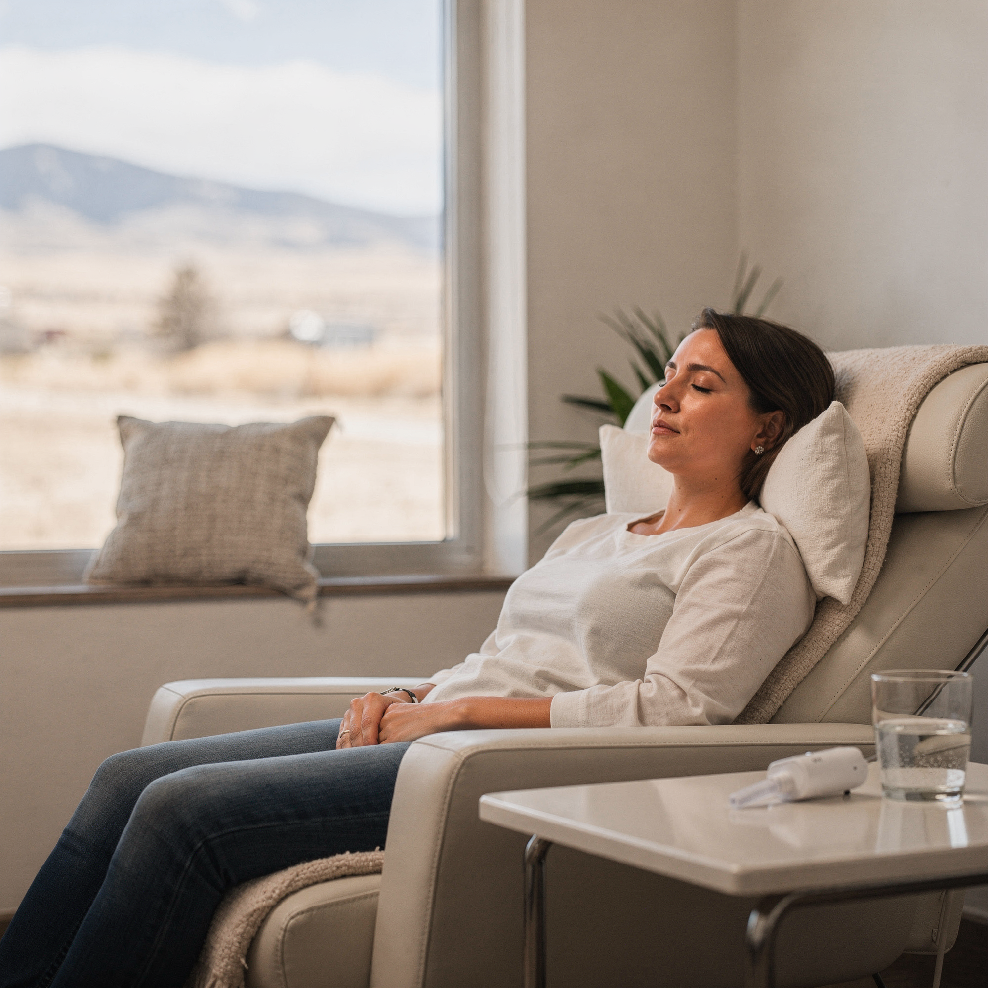 Patient relaxing in a reclined chair during Spravato treatment at Myndful Wellness, with mountain views visible through the window